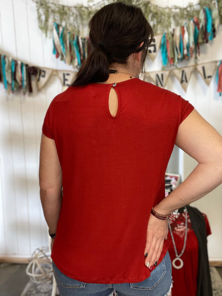 Red Lace Trim Accented Short Sleeve